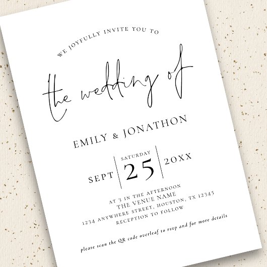 Elegantes Script 3 Foto QR Code Schwarz-weiß Hochz Einladung