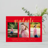Elegantes Script 3 Foto Red Abschluss Gold Folieneinladung (Stehend vorne)
