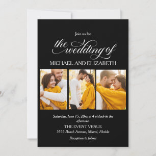 Elegantes Script 3 Foto Schwarz-weiß Hochzeit Einladung