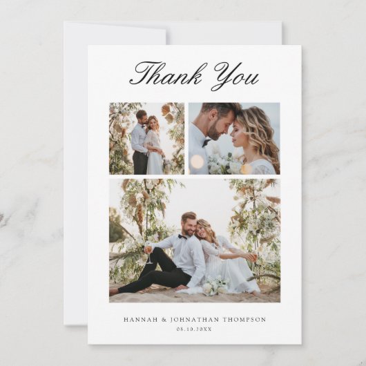 Elegantes Script 3 Foto Wedding Dankeschön Card Dankeskarte (Vorderseite)