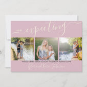 Elegantes Script 3 Square Foto Baby Girl Pregnancy Ankündigung (Vorderseite)