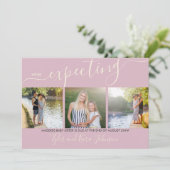 Elegantes Script 3 Square Foto Baby Girl Pregnancy Ankündigung (Stehend Vorderseite)