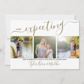 Elegantes Script 3 Square Foto Gold Gray Pregnancy Ankündigung (Vorderseite)