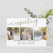 Elegantes Script 3 Square Foto Gold Gray Pregnancy Ankündigung (Stehend Vorderseite)