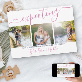 Elegantes Script 3 Square Foto Rosa Navy Pregnancy Ankündigung