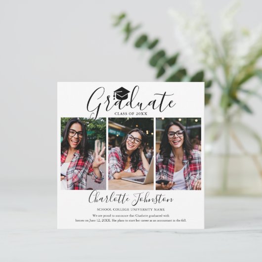 Elegantes Script 4 Foto Abschluss Ankündigung (Stehend Vorderseite)