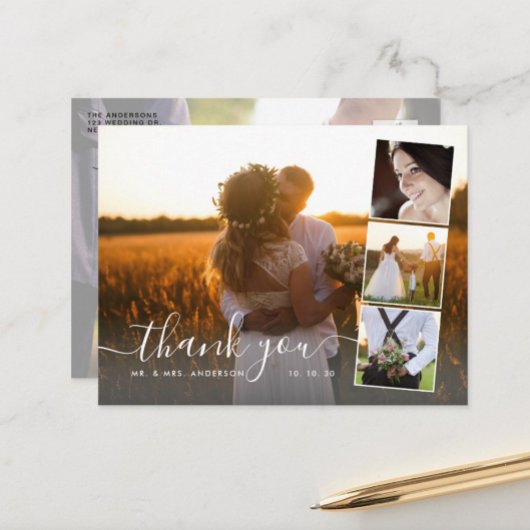 Elegantes Script 4 Foto Collage Wedding Vielen Dan Postkarte