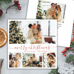 Elegantes Script 4 Foto Collage Weihnachtskarte Feiertagskarte<br><div class="desc">Elegante Kalligraphie Minimalistisch 4 Foto Collage Frohe Weihnachts-Script-Weihnachtskarte. Dieses festliche, minimalistische, skurrile vier (4) Foto-Urlaubskarten-Template verfügt über eine hübsche Collage aus Foto und sagt "Frohe Weihnachten" Skript in hellen Lachs Terrakotta rot auf weißem Hintergrund. Der "Frohe Weihnachten"-Grußtext ist in einem schönen handgeschriebenen Wirblen Swash-Schwanz Schriftart-Typ geschrieben. Auf der Rückseite mit...</div>