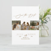 Elegantes Script 4 Foto Hochzeit Speichern Sie die Save The Date (Stehend Vorderseite)