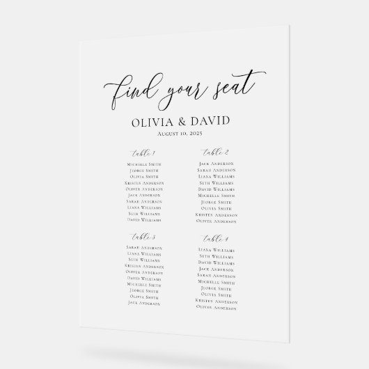 Elegantes Script 4 Table Seating Chart Akryllische Acrylschild (Winkel)