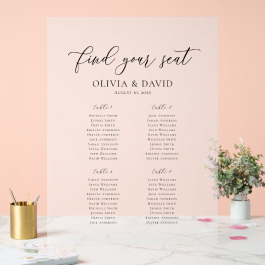 Elegantes Script 4 Table Seating Chart Akryllische Acrylschild (Hochzeit)