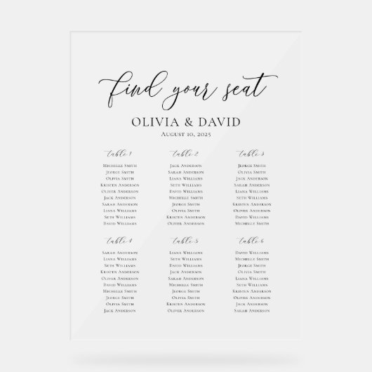 Elegantes Script 6 Tabelle Seating Chart Akryllisc Acrylschild (Vorderseite)