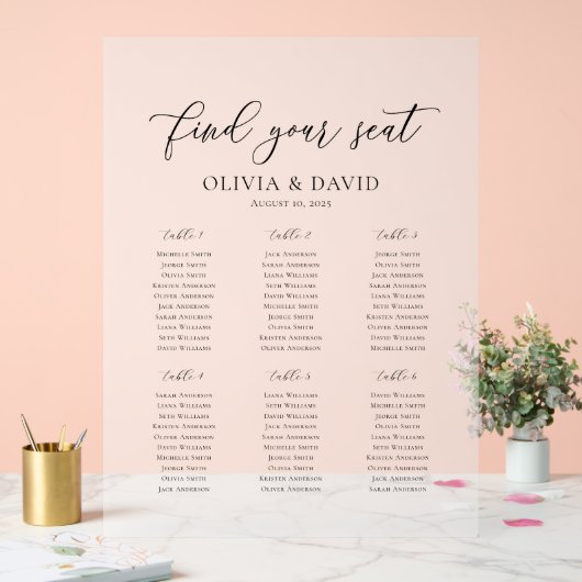 Elegantes Script 6 Tabelle Seating Chart Akryllisc Acrylschild (Hochzeit)