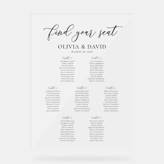 Elegantes Script 7 Tabelle Sitzdiagramm Akryllisch Acrylschild (Vorderseite)