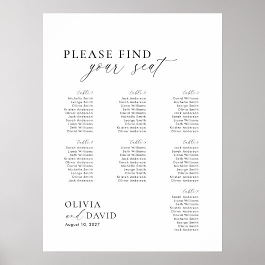 Elegantes Script 7 Tisch Seating Chart Foam Board Poster (Vorne)
