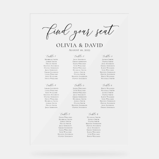 Elegantes Script 8 Tabelle Seating Chart Akryllisc Acrylschild (Vorderseite)