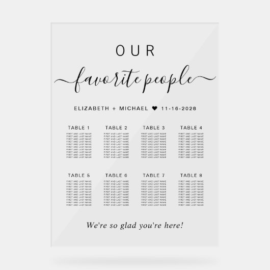 Elegantes Script 8 Table Wedding Seating Chart Acrylschild (Vorderseite)