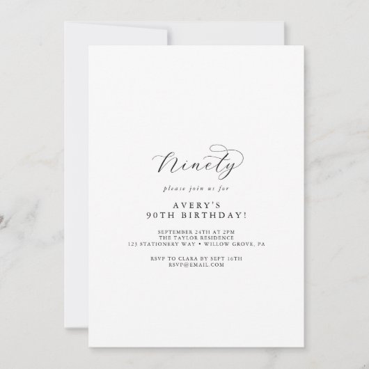 Elegantes Script 90. Geburtstagsparty Einladung (Vorderseite)