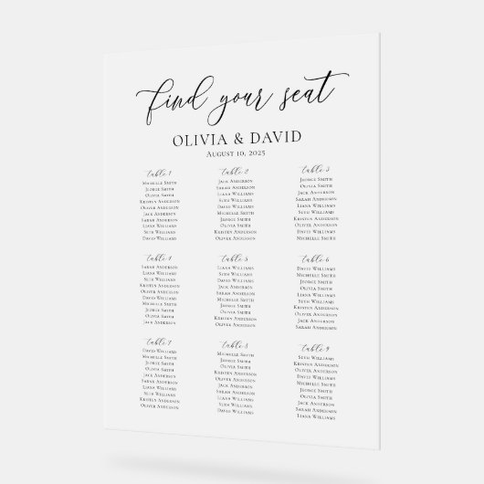 Elegantes Script 9 Table Seating Chart Akryllische Acrylschild (Winkel)