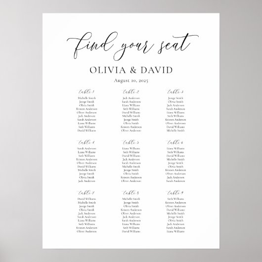 Elegantes Script 9 Table Seating Chart Poster (Vorne)
