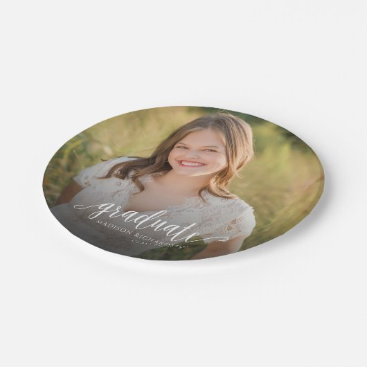 Elegantes Script-Abschluss-Foto Pappteller (Schrägansicht)