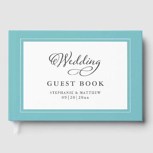Elegantes Script Aqua Wedding Gästebuch Chic Borde (Vorderseite)