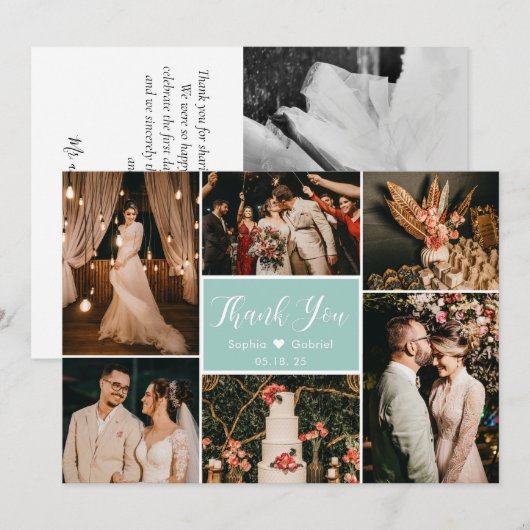 Elegantes Script Aqua Wedding Multi Foto Collage Dankeskarte (Vorne/Hinten)