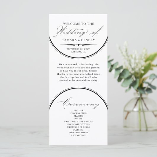 Elegantes Script Arches White Wedding Programm (Stehend Vorderseite)