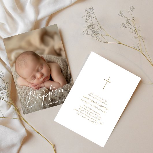 Elegantes Script Baby Boy Girl Baptism Foto Gold Einladung