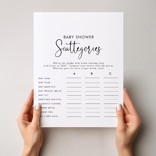 Elegantes Script Baby Shower Scattegories Game