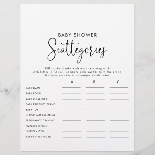 Elegantes Script Baby Shower Scattegories Game (Vorderseite)