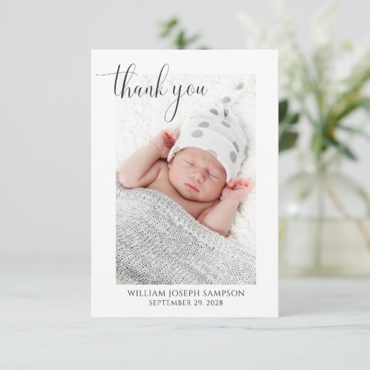 Elegantes Script Baby Vielen Dank für die Geburtse Einladung (Stehend Vorderseite)