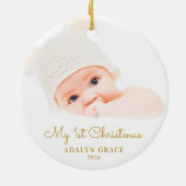 Elegantes Script Baby's First Christmas Foto Gold Keramik Ornament (Hinten)