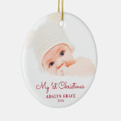 Elegantes Script Baby's First Christmas Foto Keramik Ornament (Rechts)