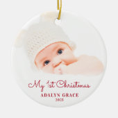 Elegantes Script Baby's First Christmas Foto Keramik Ornament (Vorne)