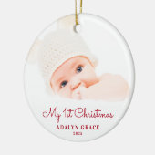 Elegantes Script Baby's First Christmas Foto Keramik Ornament (Links)