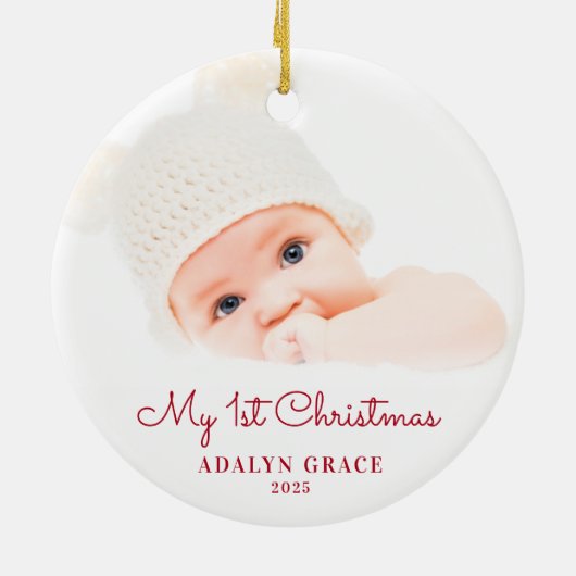 Elegantes Script Baby's First Christmas Foto Keramik Ornament (Hinten)