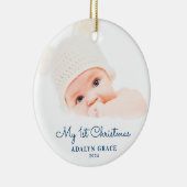 Elegantes Script Baby's First Christmas Foto Keramik Ornament (Rechts)