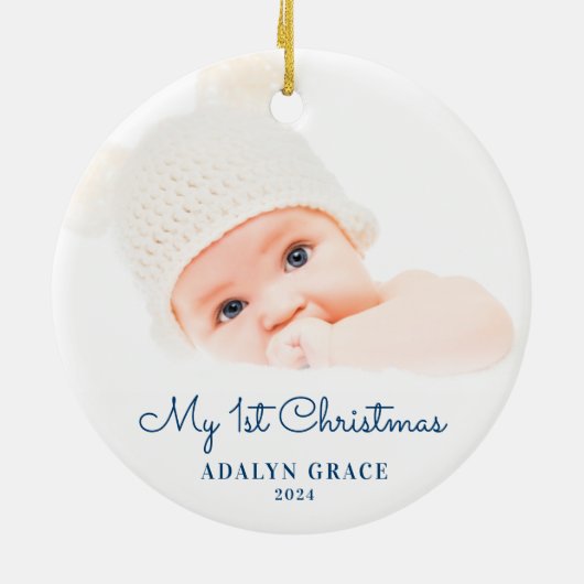 Elegantes Script Baby's First Christmas Foto Keramik Ornament (Hinten)