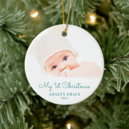 Elegantes Script Baby's First Christmas Foto Keramik Ornament