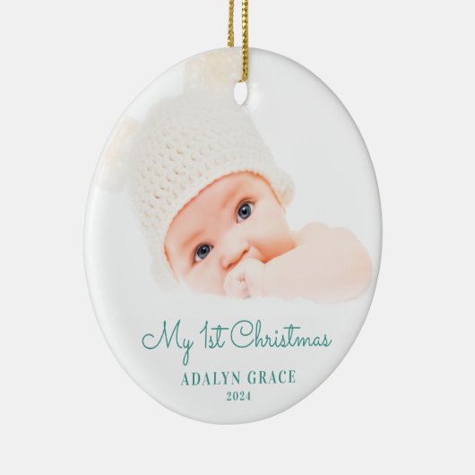 Elegantes Script Baby's First Christmas Foto Keramik Ornament (Rechts)