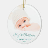 Elegantes Script Baby's First Christmas Foto Keramik Ornament (Links)