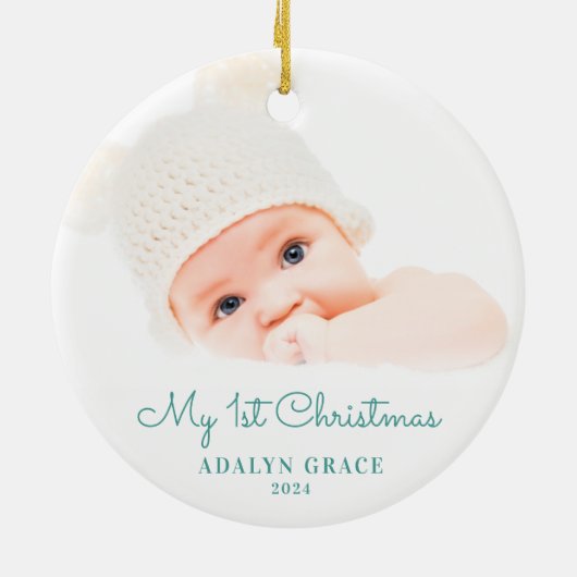 Elegantes Script Baby's First Christmas Foto Keramik Ornament (Hinten)