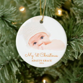 Elegantes Script Baby's First Christmas Foto Keramik Ornament