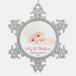 Elegantes Script Baby's First Christmas Foto Schneeflocken Zinn-Ornament