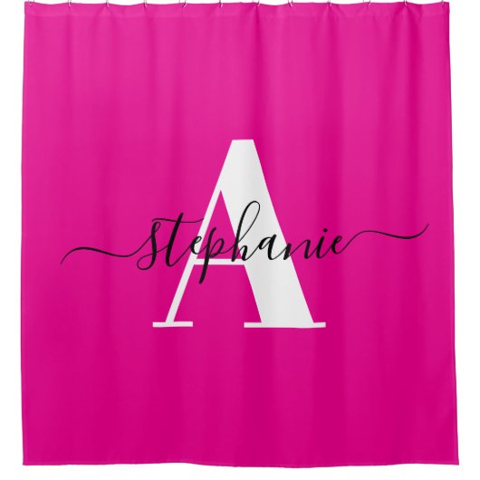 Elegantes Script Big Monogram Hot Pink Duschvorhang (Vorderseite)