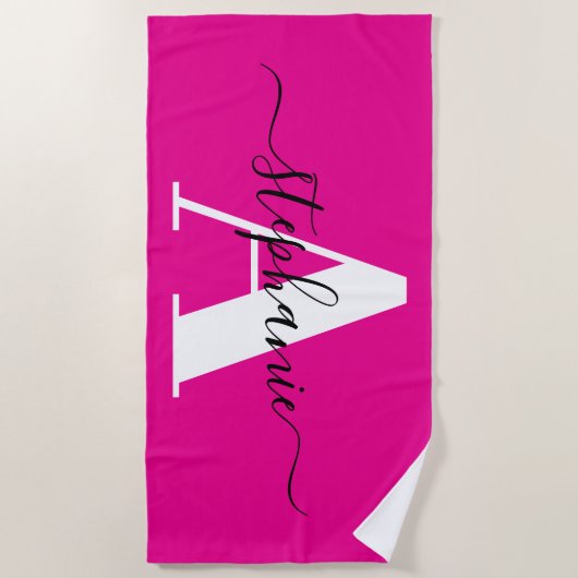 Elegantes Script Big Monogram Hot Pink Strandtuch (Vorderseite)