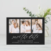 Elegantes Script Black 3 Foto Collage Save The Date (Stehend Vorderseite)