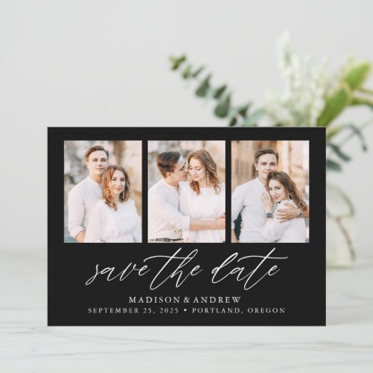 Elegantes Script Black 3 Foto Collage Save The Date (Stehend Vorderseite)