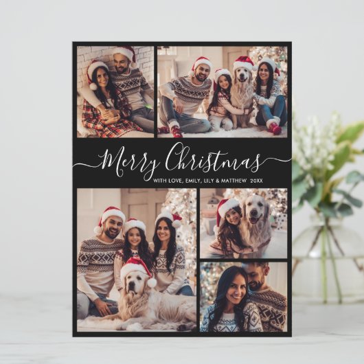 Elegantes Script Black 5 Foto Collage Weihnachten (Stehend Vorderseite)